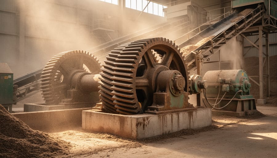 Industrial gearbox unit in biomass power plant showing operating conditions