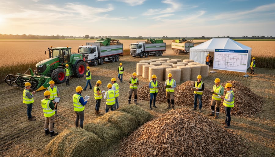 Agricultural workers harvesting and loading biomass feedstock in rural Australian field