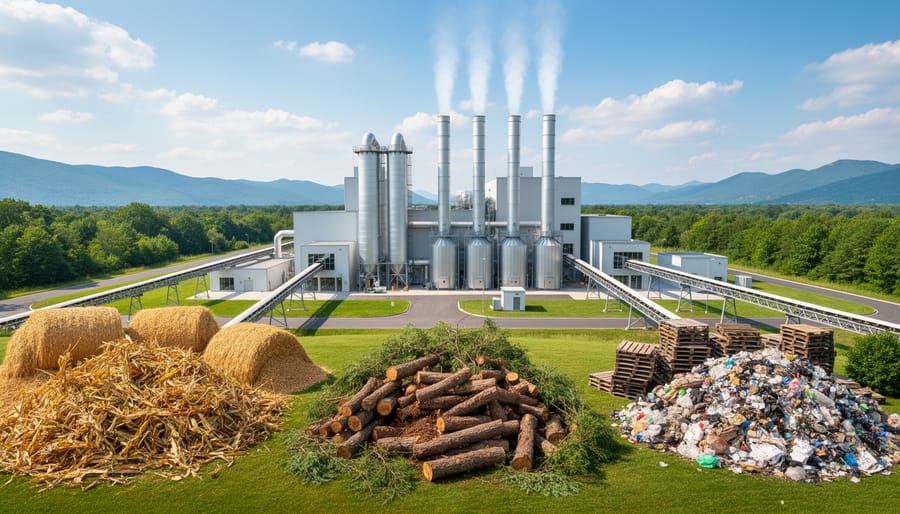 Workers processing biomass materials in modern Australian renewable energy facility