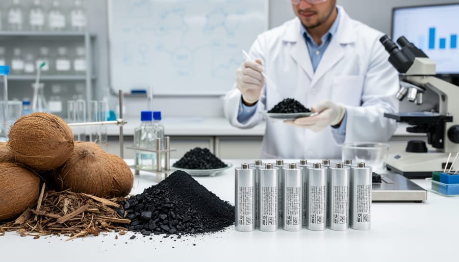 Close-up of porous coconut shell biochar material used in supercapacitor production