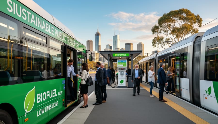 City bus at transport stop showing biofuel compatibility