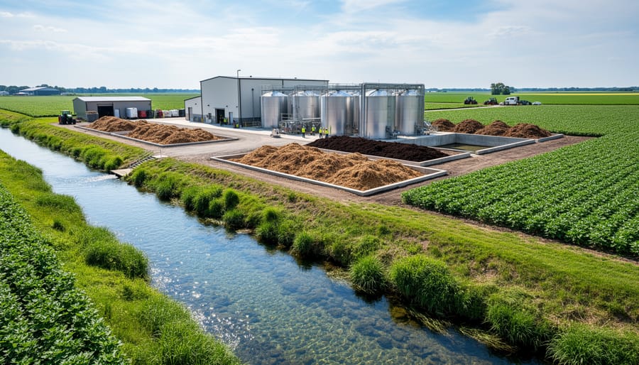 Aerial view of clean river flowing through agricultural landscape with biogas facility