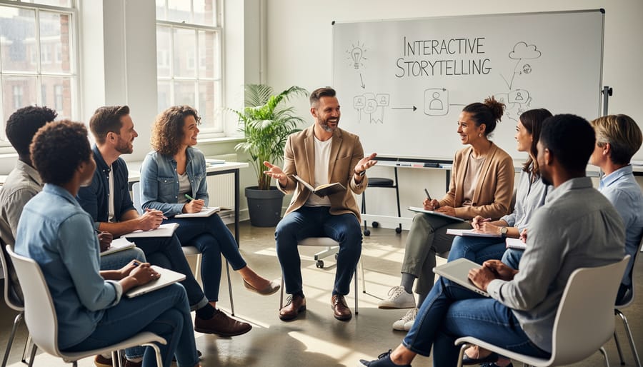 Group of people engaged with interactive content on laptop screen together