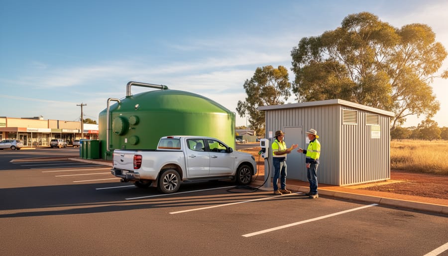 Community-built EV charging station next to a small anaerobic digester dome in a regional Australian town, electric ute plugged in, two locals talking under warm golden-hour light, with town buildings and eucalyptus trees in the background.