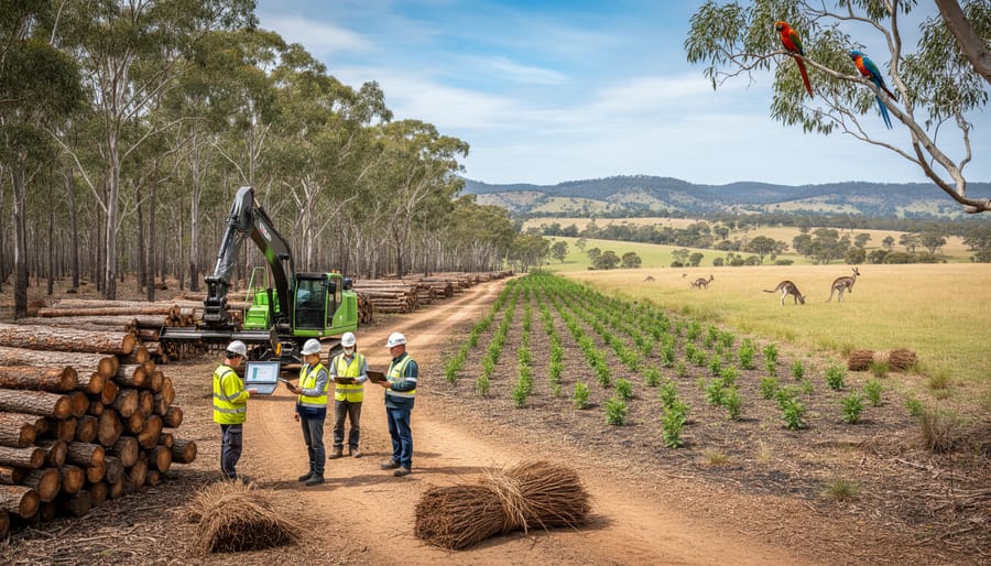 Group of Australian workers and landholders in bushland setting representing biomass industry jobs