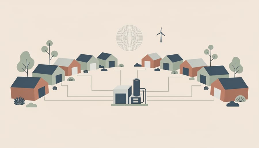 Aerial view of Australian suburban neighbourhood with homes connected by district heating infrastructure