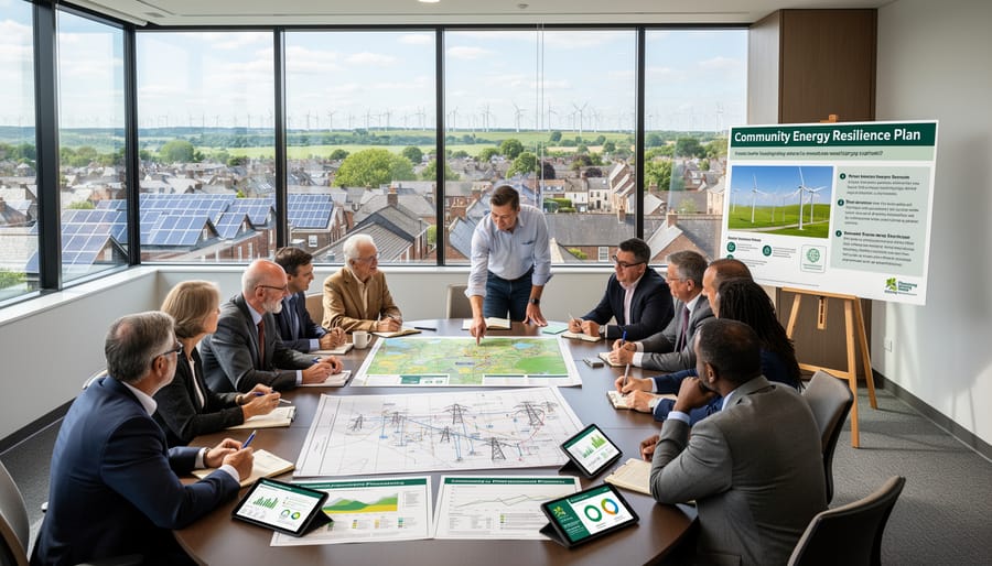 Diverse group of community members and energy professionals collaborating at renewable energy site