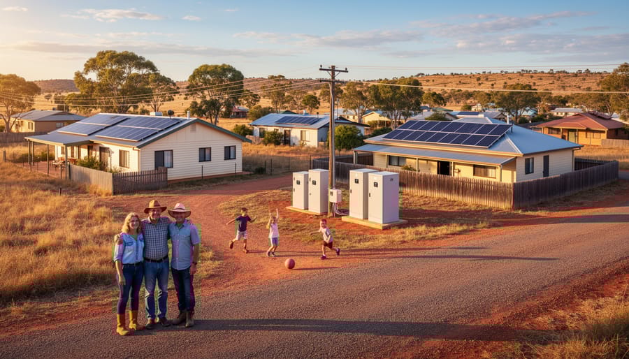 Australian rural family standing in front of home equipped with solar panels and battery storage
