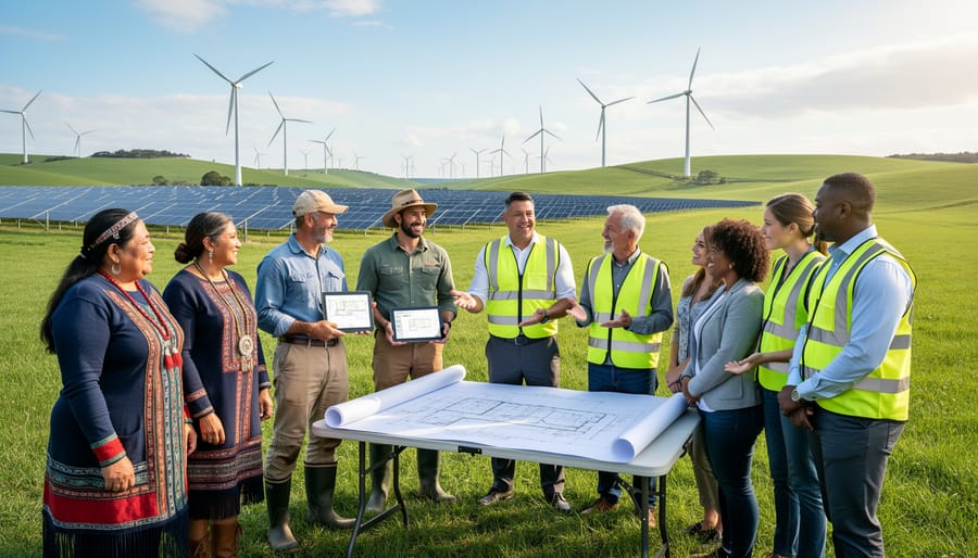 Diverse group of community members and energy stakeholders collaborating outdoors with renewable energy infrastructure in background