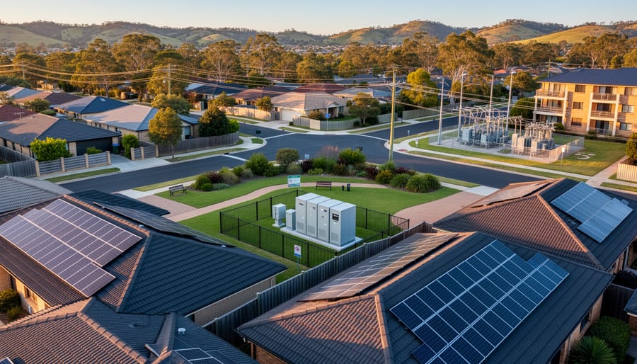 A 45-degree aerial view of an Australian suburb with numerous rooftop solar panels and a central community battery enclosure near a park, with utility poles, a small substation, and rolling eucalyptus-covered hills in warm golden hour light.