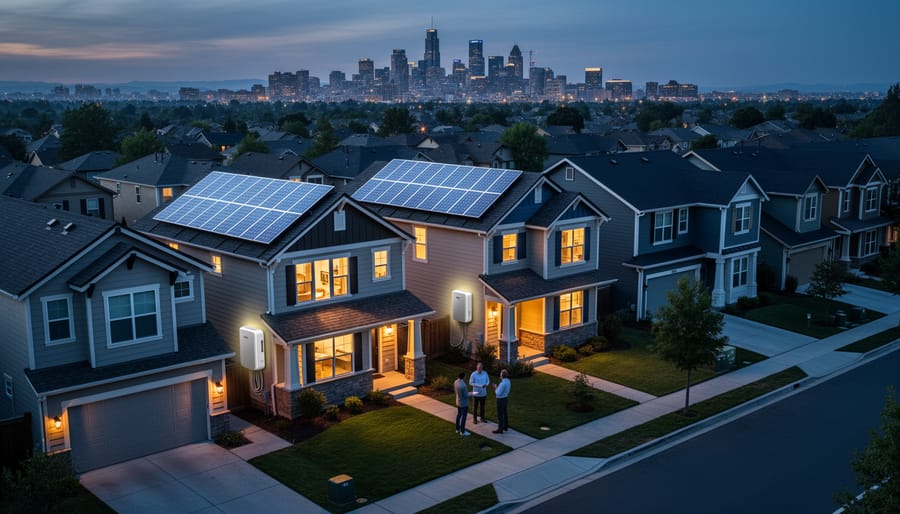 Australian residential neighborhood with visible solar panels and energy storage systems