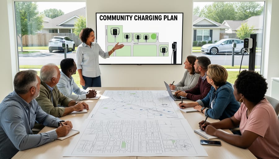 Community members meeting in circle to discuss sustainable transport initiatives