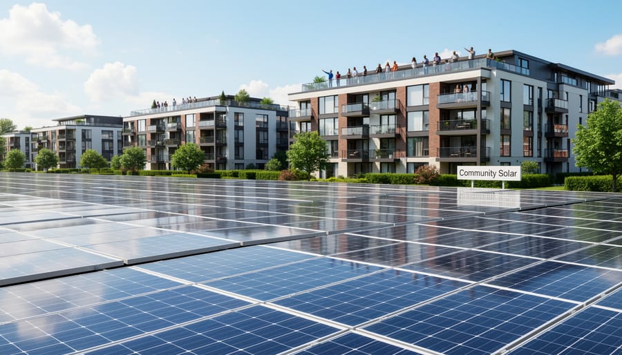 Aerial view of solar panel array installed on apartment building rooftop in residential neighborhood