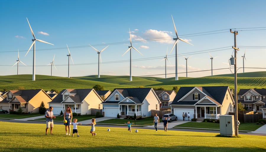 Suburban homes with wind turbines visible on hills in background