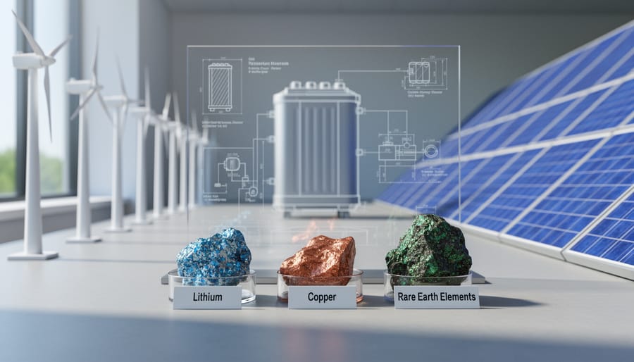 Collection of critical energy transition minerals including lithium ore and copper displayed on industrial surface