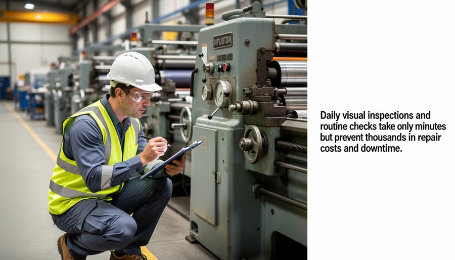 Maintenance worker performing daily gearbox inspection in biomass facility