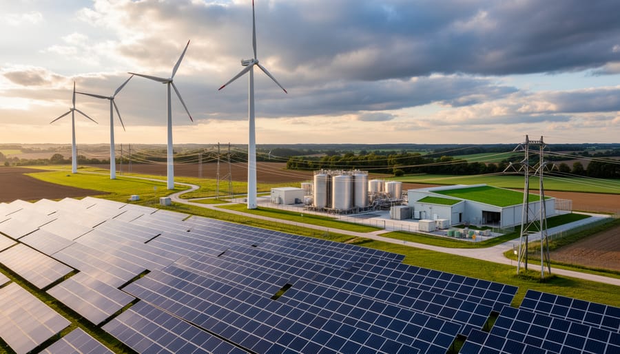 Landscape view showing diverse renewable energy sources including solar panels, wind turbines, and bioenergy facilities