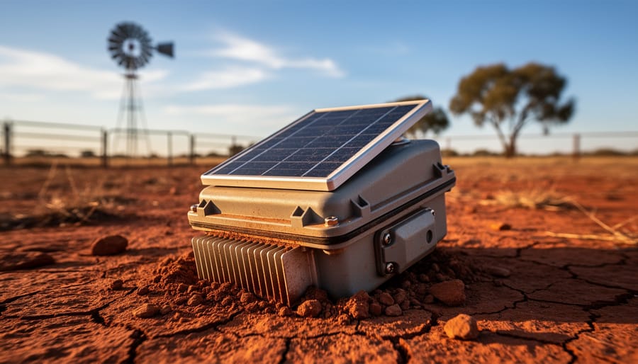 Off-grid environmental sensor with small solar panel and finned thermoelectric module in red Australian outback soil at golden hour, with a blurred windmill and cattle fence behind.
