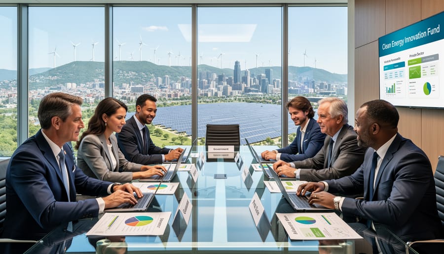 Business professionals and government officials collaborating on clean energy investment