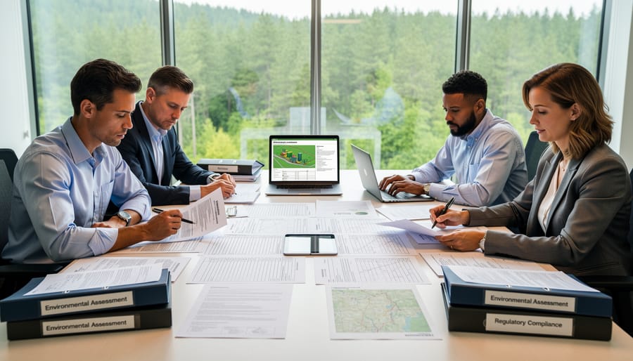 Environmental consultant reviewing compliance documents at biomass facility