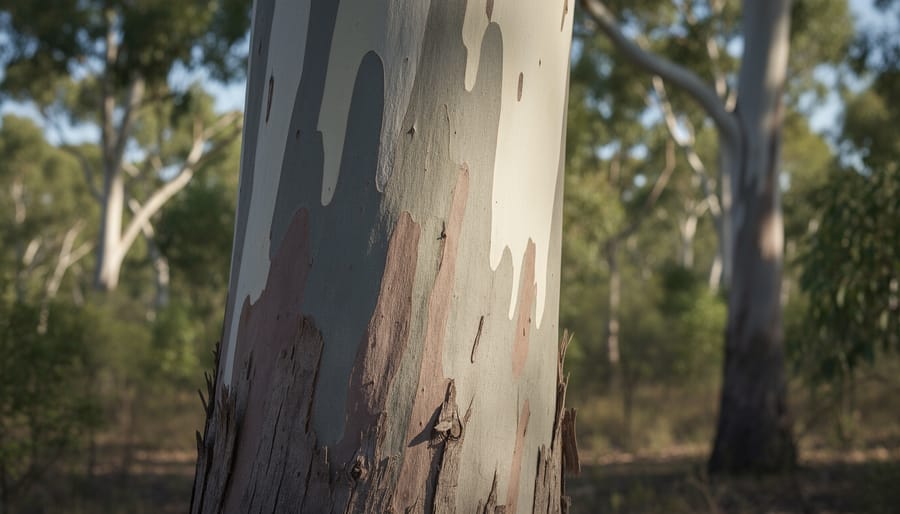 Close-up of eucalyptus tree bark showing natural carbon-rich organic structure