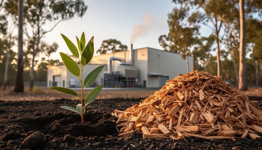 Young eucalyptus sapling growing in rich soil next to a neat pile of wood chips, with a modern biomass energy facility and gum trees softly blurred behind at golden hour.