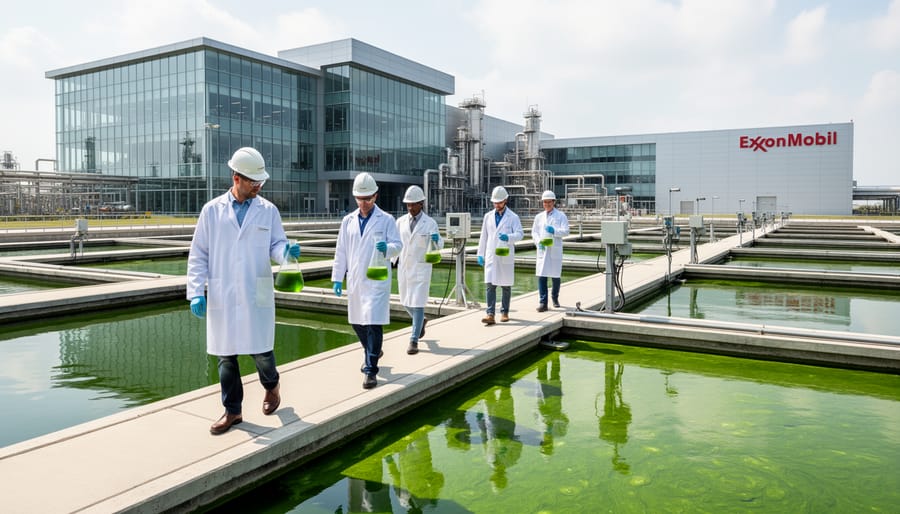 Scientists working with algae bioreactor tubes in modern biofuel research laboratory