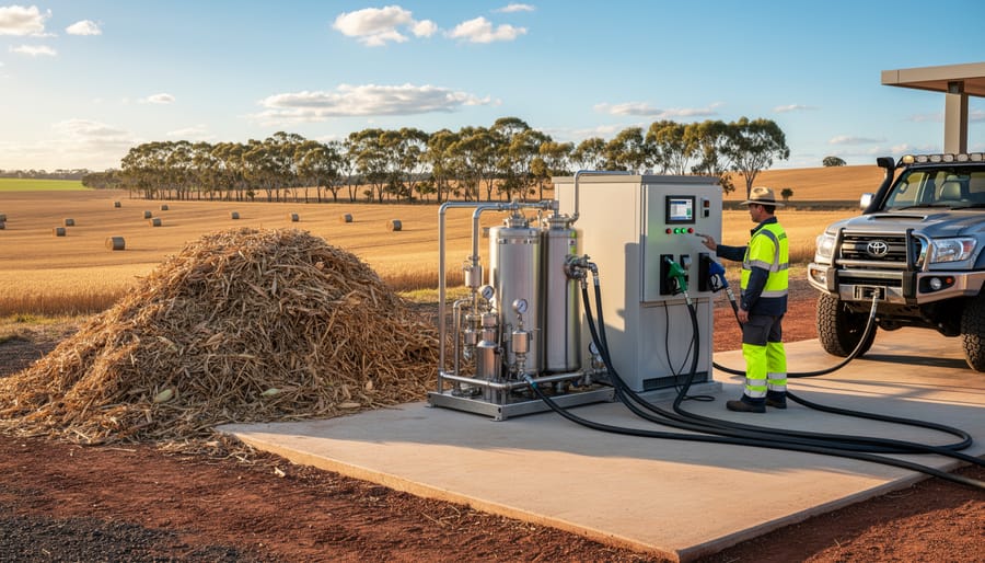 Farm tractor powered by biofuel next to agricultural waste storage silos