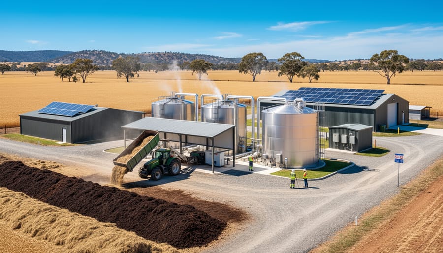 Australian farmer standing beside agricultural waste biomass feedstock at farm energy facility