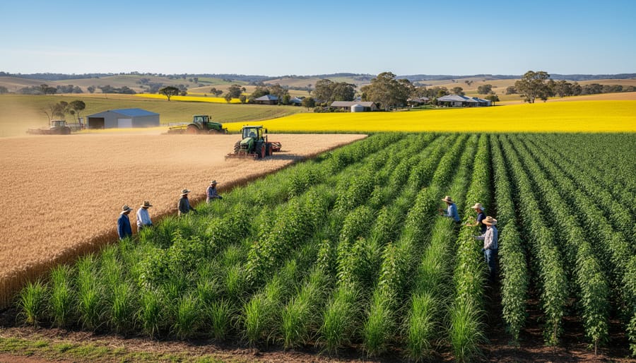 Australian farmer standing in field of bioenergy crops at sunset