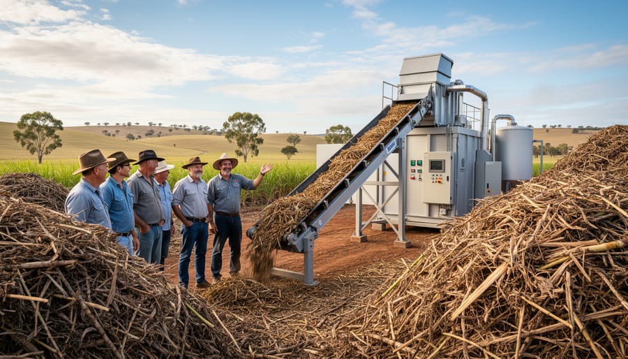 Australian farmer examining agricultural biomass materials for bioenergy production