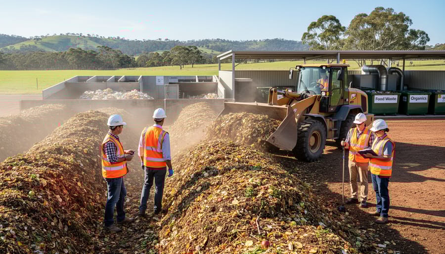 Industrial composting facility processing organic waste into nutrient-rich compost