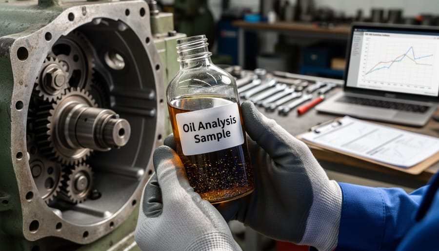 Maintenance technician examining contaminated gearbox oil on dipstick