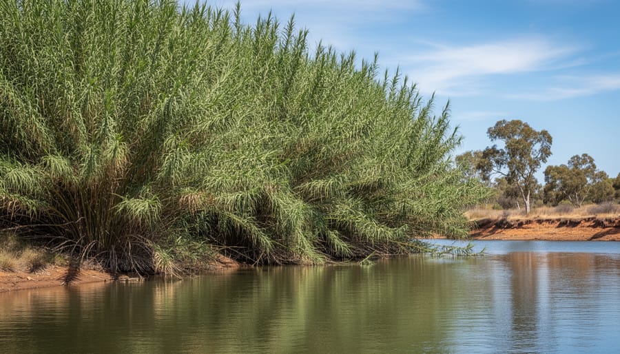 Dense thicket of tall Giant Reed growing along Australian waterway edge