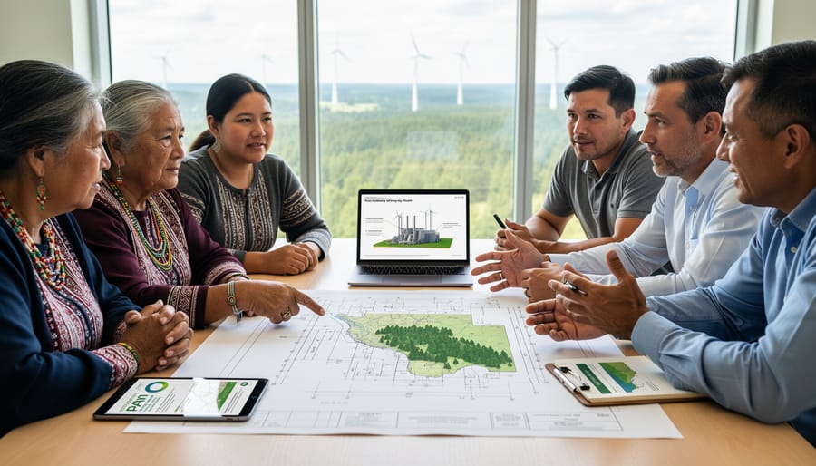 Indigenous and industry representatives collaborating on bioenergy project planning outdoors