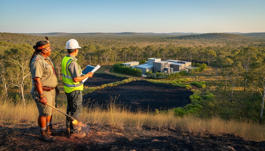 Indigenous ranger with drip torch and engineer in hard hat overlooking mosaic-burned eucalypt savanna and a small biomass facility set within bushland at golden hour.