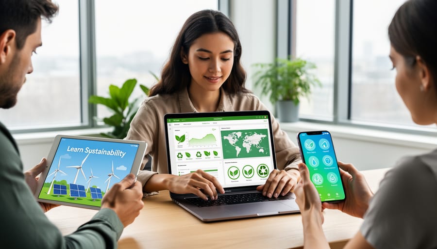 Person using tablet to interact with digital storytelling content at desk