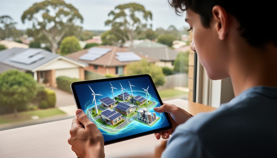 Over-the-shoulder view of an Australian student using a tablet showing a stylized town with solar panels, wind turbines, and a bioenergy facility, with glowing energy-flow lines and suburban homes with gum trees softly blurred in the background.
