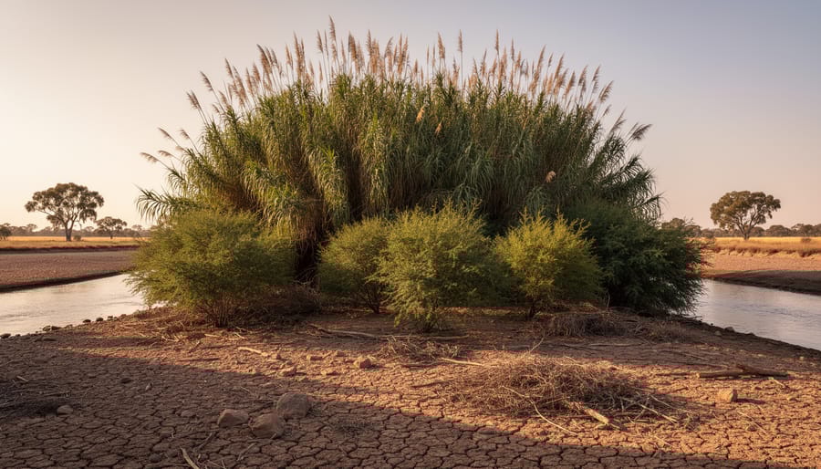 Dense giant reed thicket dominating a dry Australian creek bank, with prickly acacia and athel pine spreading along the waterline, long afternoon shadows, and distant eucalyptus silhouettes.