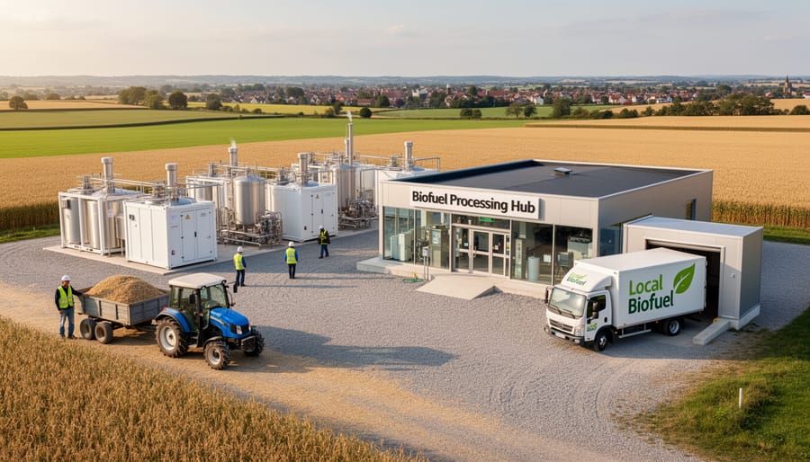 Small-scale biofuel processing facility in rural Australian setting surrounded by native vegetation