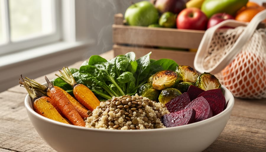Plant-forward dinner bowl with lentils, roasted seasonal vegetables, leafy greens, and whole grains on a wooden table, with farmers market produce and a reusable bag softly blurred in the background.