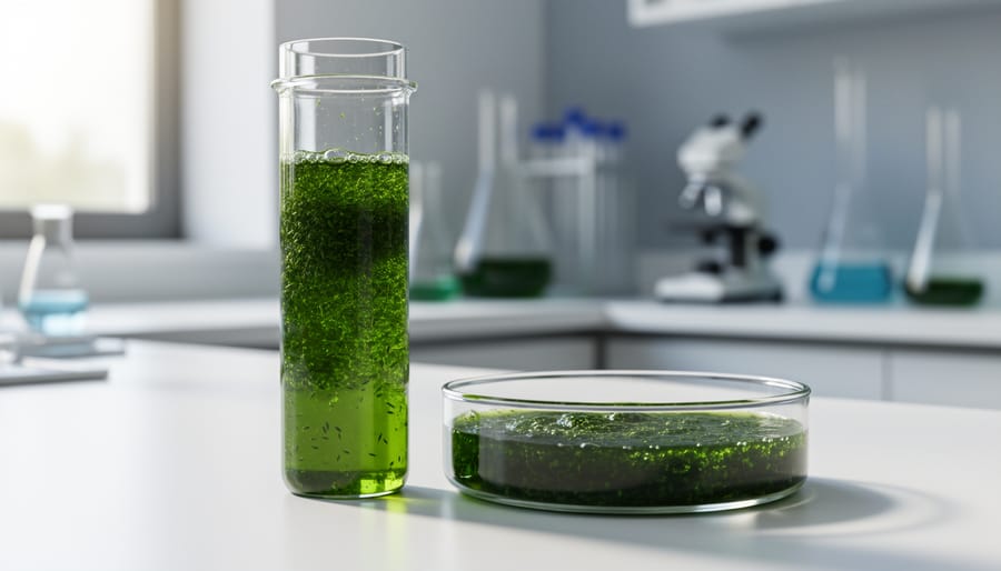 Close-up of dense green microalgae culture in laboratory container