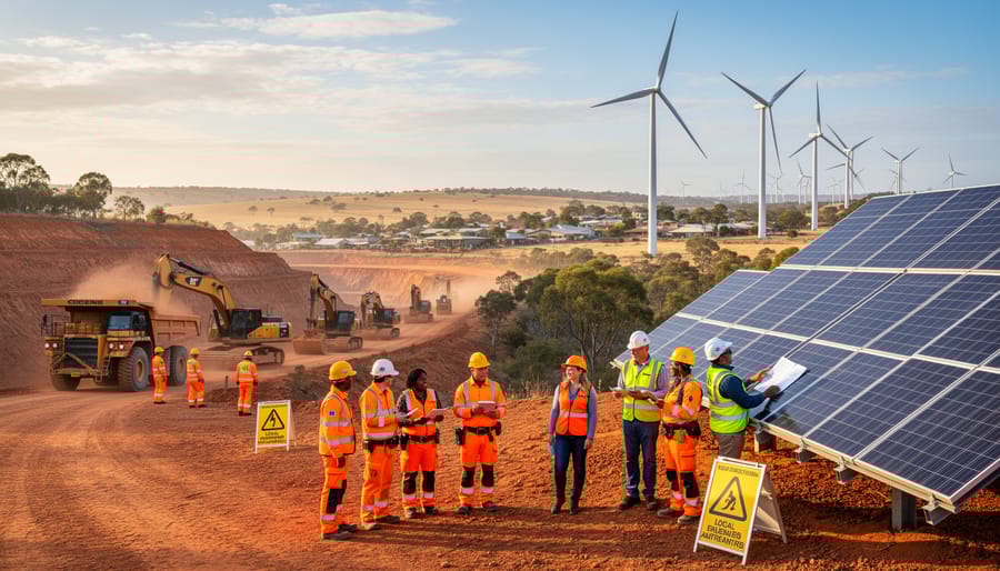Mining workers examining solar panel installation at mineral processing facility