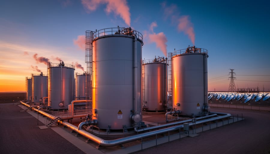 Industrial molten salt thermal storage tanks at solar energy facility during sunset