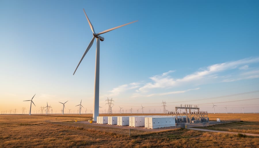 Low-angle view of a large modern onshore wind turbine with very long blades on open plains at golden hour, with a small white battery storage installation and substation in the midground, and rows of distant turbines under a wide sky.