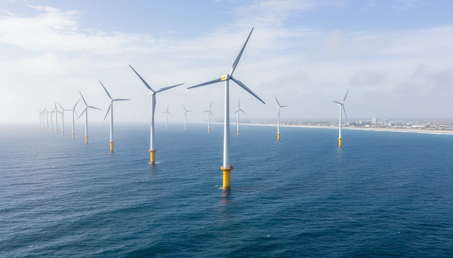Large offshore wind turbines standing in ocean waters at sunrise