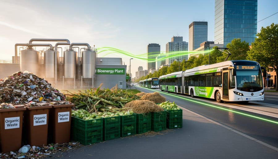 Collection of organic waste materials including food scraps and plant matter for bioenergy conversion