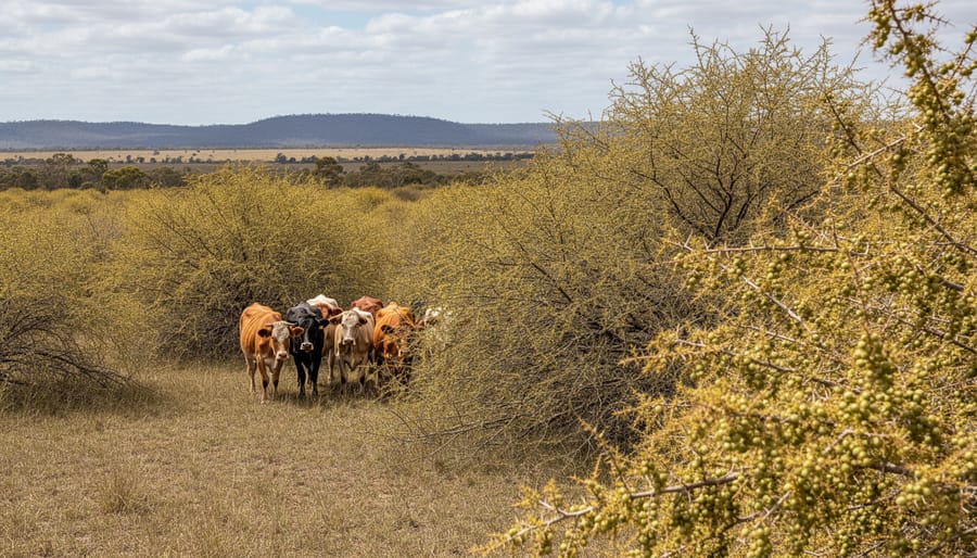 Prickly Acacia shrubs invading Queensland rangeland with native trees in background