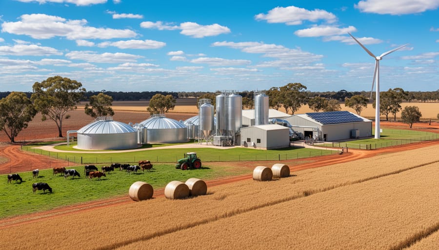 Modern agricultural facility with bioenergy infrastructure in Queensland farmland