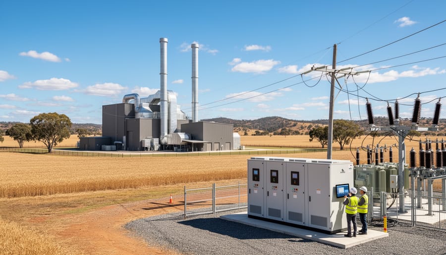 Biomass energy processing facility in rural Queensland agricultural setting